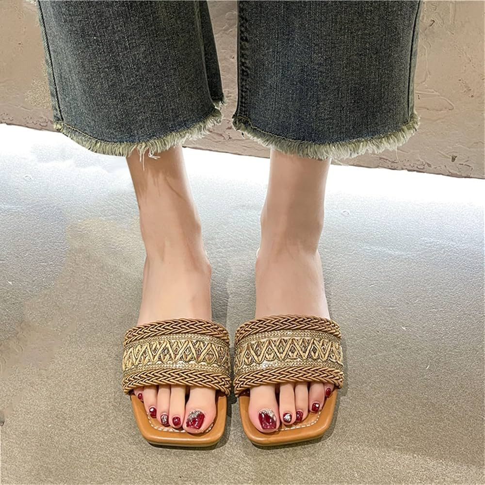 Boho Flat Slip on Sandals for Women,Open Toe Summer Retro Casual Slide Sandals Beach Shoes | Amazon (US)