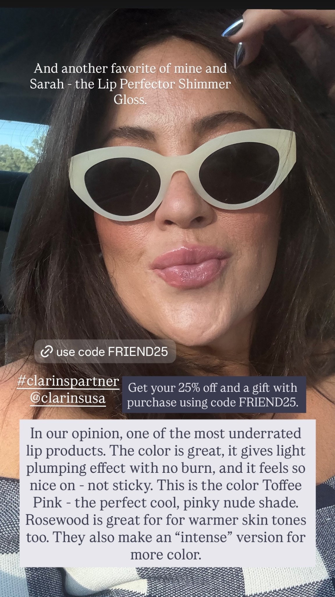 #clarinspartner 
@clarinsusa  
In our opinion, this is one of the most underrated lip products. The color is great, it gives light plumping effect with no burn, and it feels so nice on - not sticky. This is the color Toffee Pink - the perfect cool, pinky nude shade. Rosewood is great for for warmer skin tones too. They also make an “intense” version for more color.  Get your 25% off and a gift with purchase using code FRIEND25.  And another favorite of mine and Sarah’s- the Lip Perfector Shimmer Gloss.

Buy one item - save 15%
Buy two items - save 20%
Buy three or more items - save 25%! 

#LTKBeauty #LTKSaleAlert