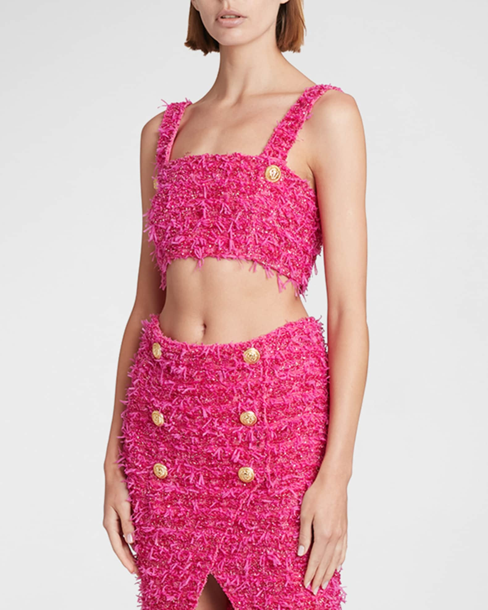 x Barbie Metallic Tweed Crop Top | Neiman Marcus