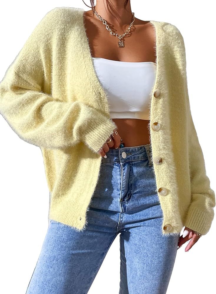 SHENHE Women's Drop Shoulder Button Front Long Sleeve Cute Cropped Cardigan Sweater | Amazon (US)