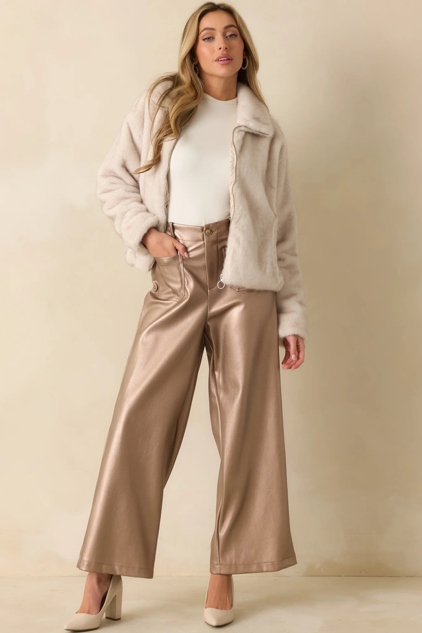 Catch You Later Metallic Taupe Wide Leg Pants | Red Dress
