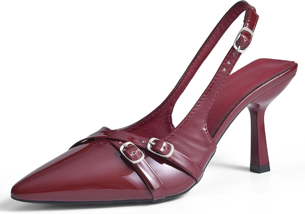 Women's Slingback Heels with Buckle Straps – Pointed Toe Burgundy Patent Leather Dress Sandals ... | Amazon (US)