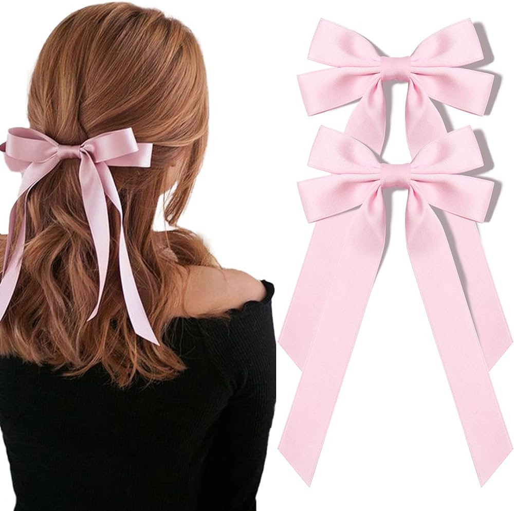 2PCS Silky Satin Hair Bows Pink Hair Ribbon Clips for women Ponytail Holder Hair Accessories Alli... | Amazon (US)