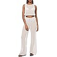 Pink Queen Women's Swimsuit Cover Up Set 2 Pieces Crochet Sleeveless Crop Top Wide Leg Long Pants... | Amazon (US)