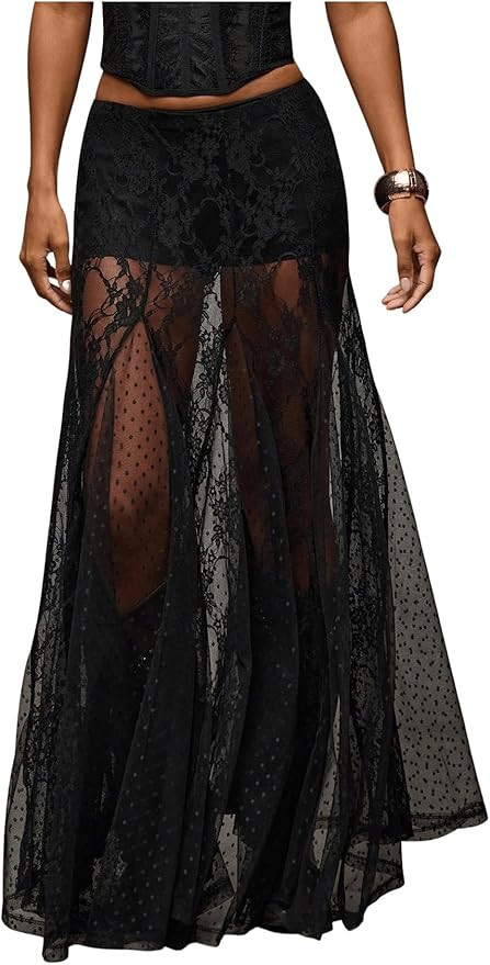 WDIRARA Women's Sexy See Through Sheer Lace Maxi Skirt Low Waist Ruffle Hem A Line Flowy Skirt | Amazon (US)