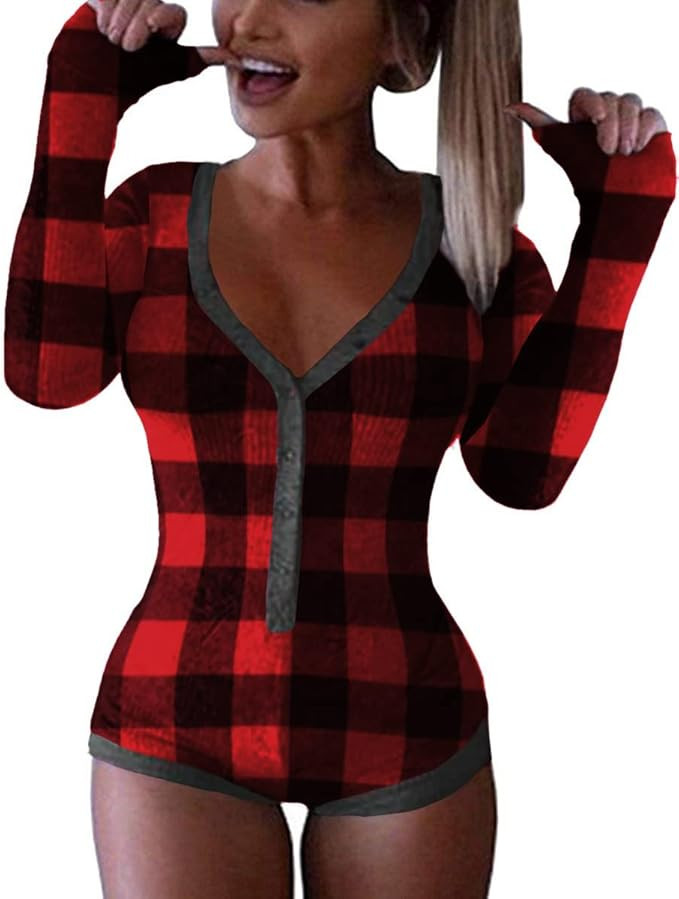 Roselux Women's Sexy Deep V Neck Shorts Long Sleeve Knitted One Piece Bodysuit Sexy Pajama Onesie... | Amazon (US)