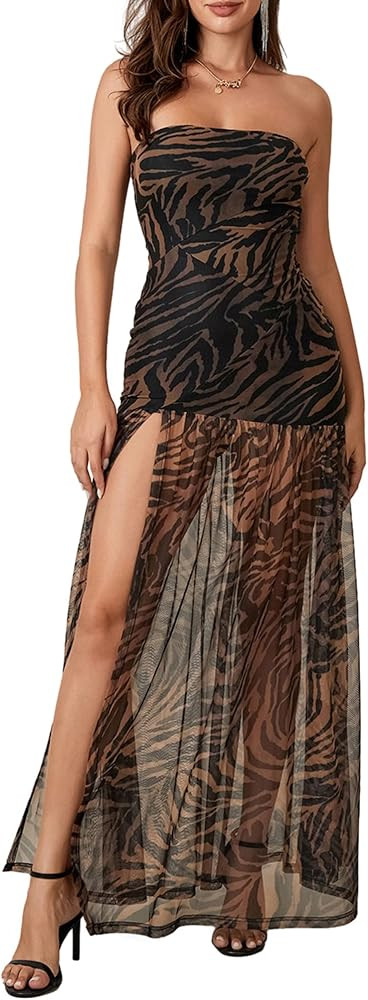 Women's Summer Tube Top Dress Strapless Backless Mesh Patchwork High Slit Maxi Party Dress | Amazon (US)