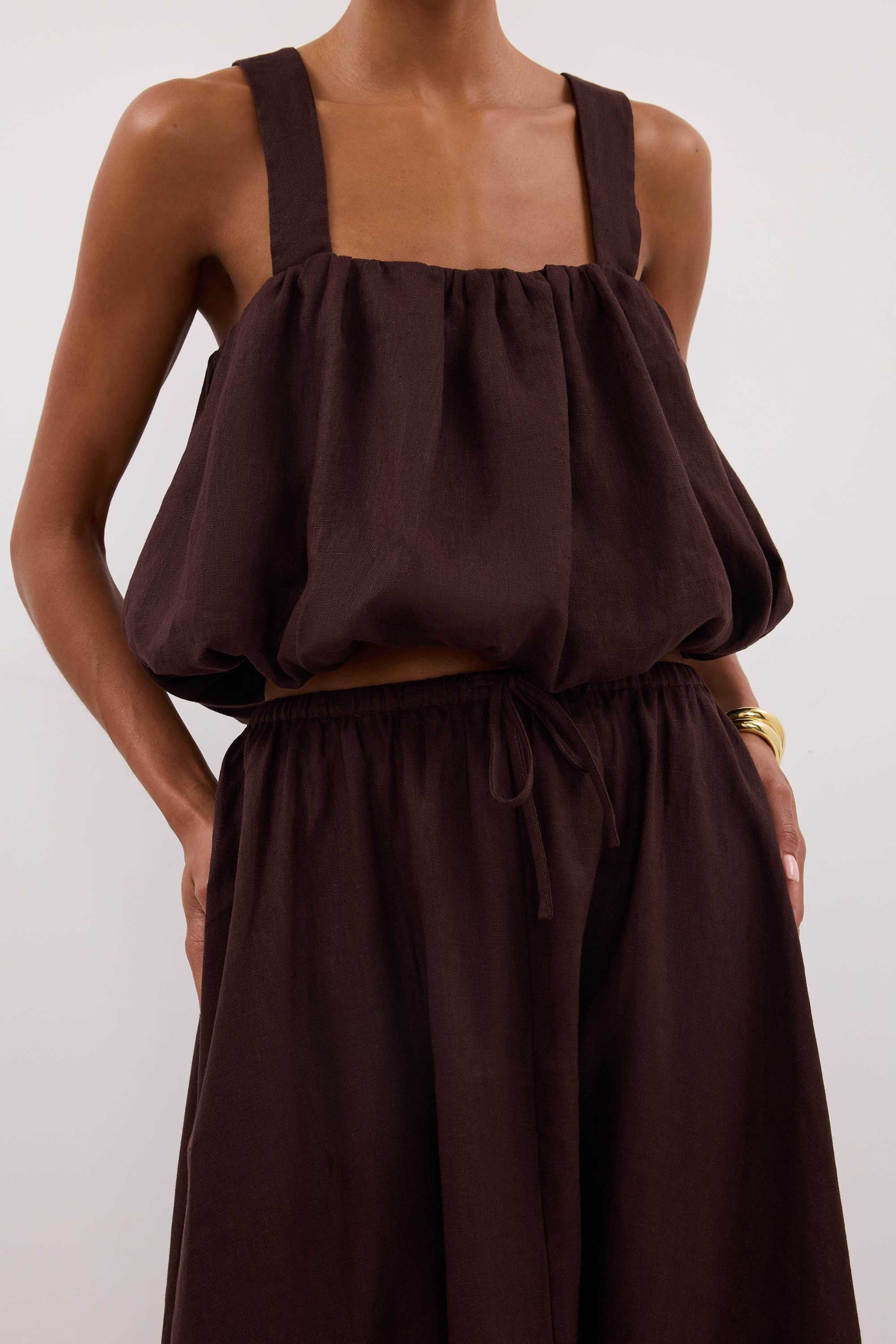 RAVELLO BURNT CHOC LINEN MIDI SKIRT | DISSH
