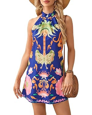 Floerns Women's Sleeveless Floral Print Sundress Halter Neck A Line Short Dress | Amazon (US)