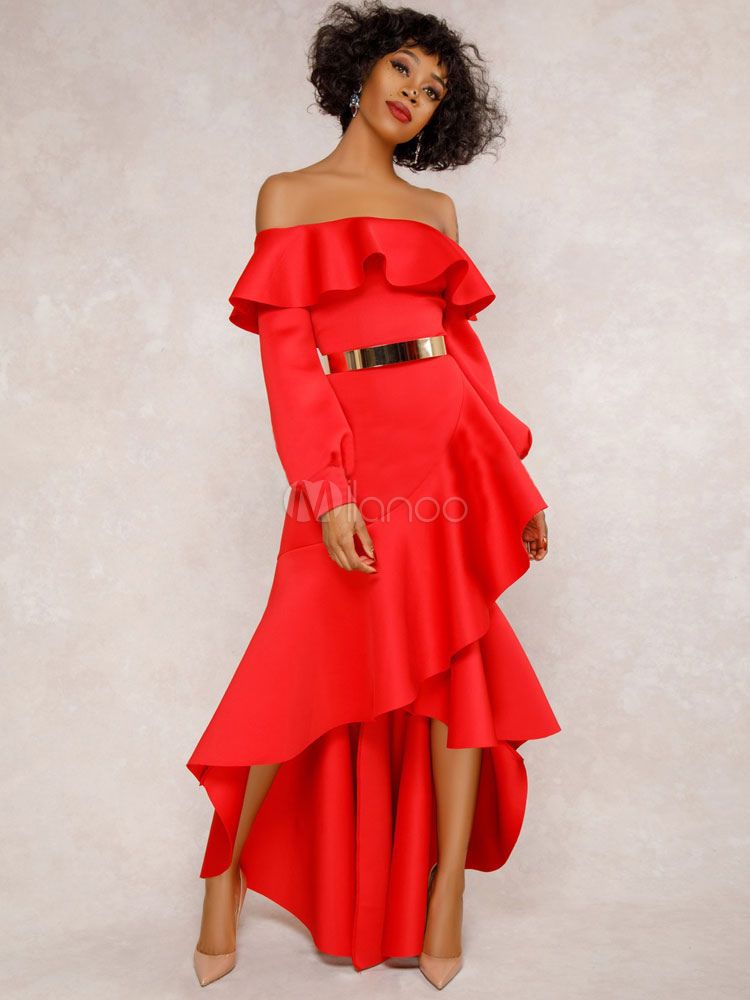 Red Maxi Dress Women Evening Dress Off The Shoulder Ruffle Long Sleeve High Low Formal Dress | Milanoo