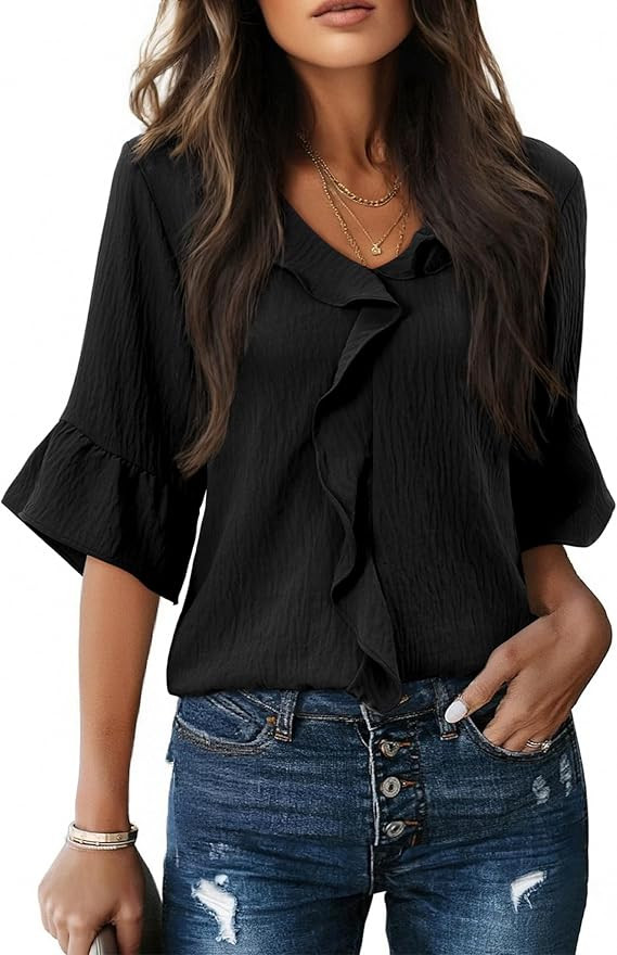 siliteelon Womens Blouses Dressy Casual 3/4 Sleeve Ruffle Bell Top Ladies Business Formal Work Sh... | Amazon (US)