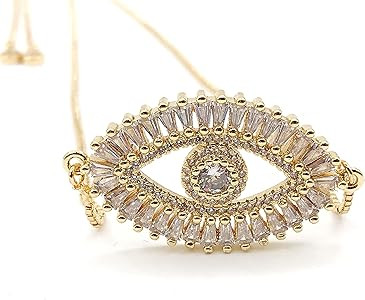 LESLIE BOULES Gold Evil Eye Necklace 18K Gold Plated Sliding Adjustable Chain Choker Jewelry | Amazon (US)