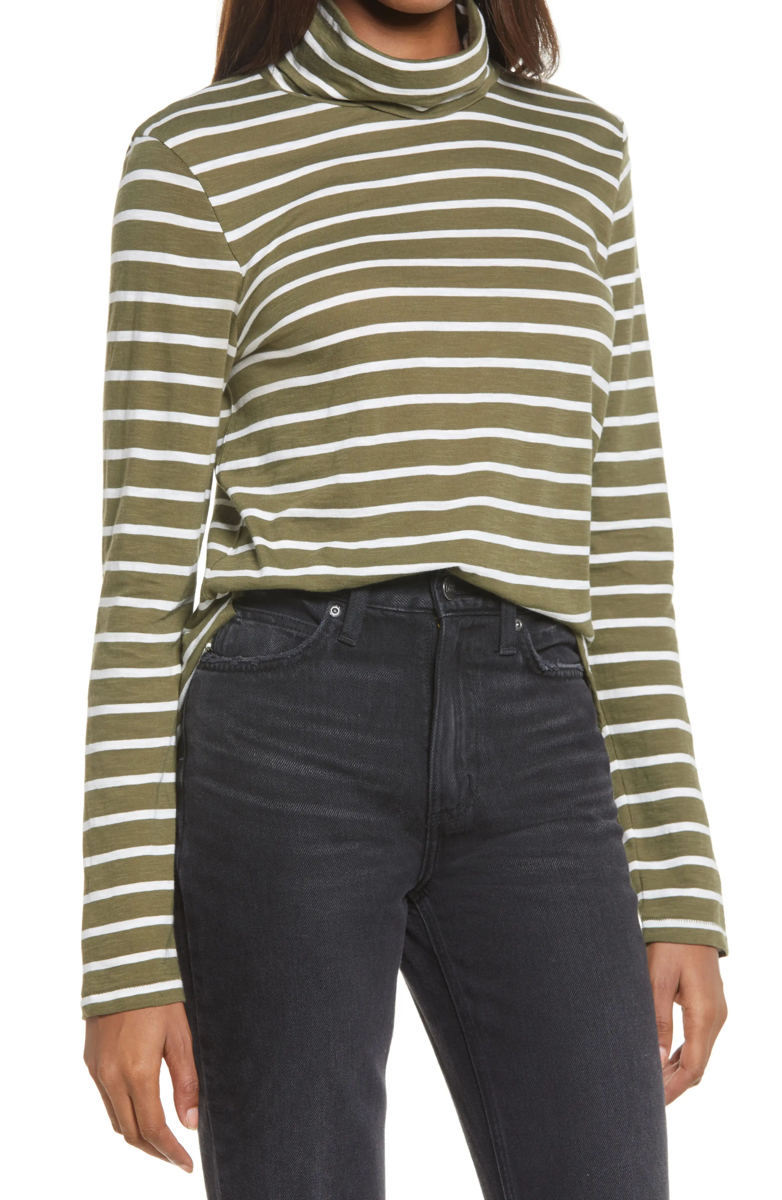 Women's Madewell Esme Stripe Whisper Cotton Turtleneck, Size Small - Green | Nordstrom