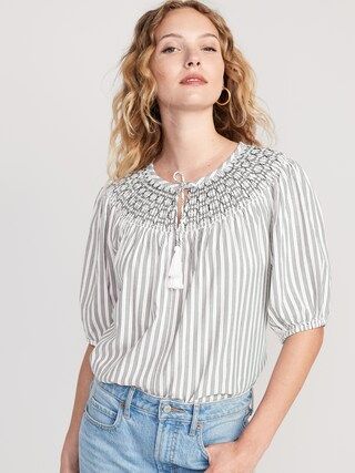 Puff-Sleeve Striped Smocked Embroidered Poet Blouse for Women | Old Navy (US)