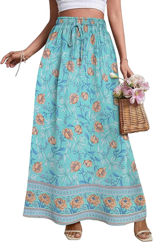Zeagoo Women's 2024 Boho Floral Skirt Casual Elastic High Waist Maxi Skirts Flowy A Line Beach Lo... | Amazon (US)