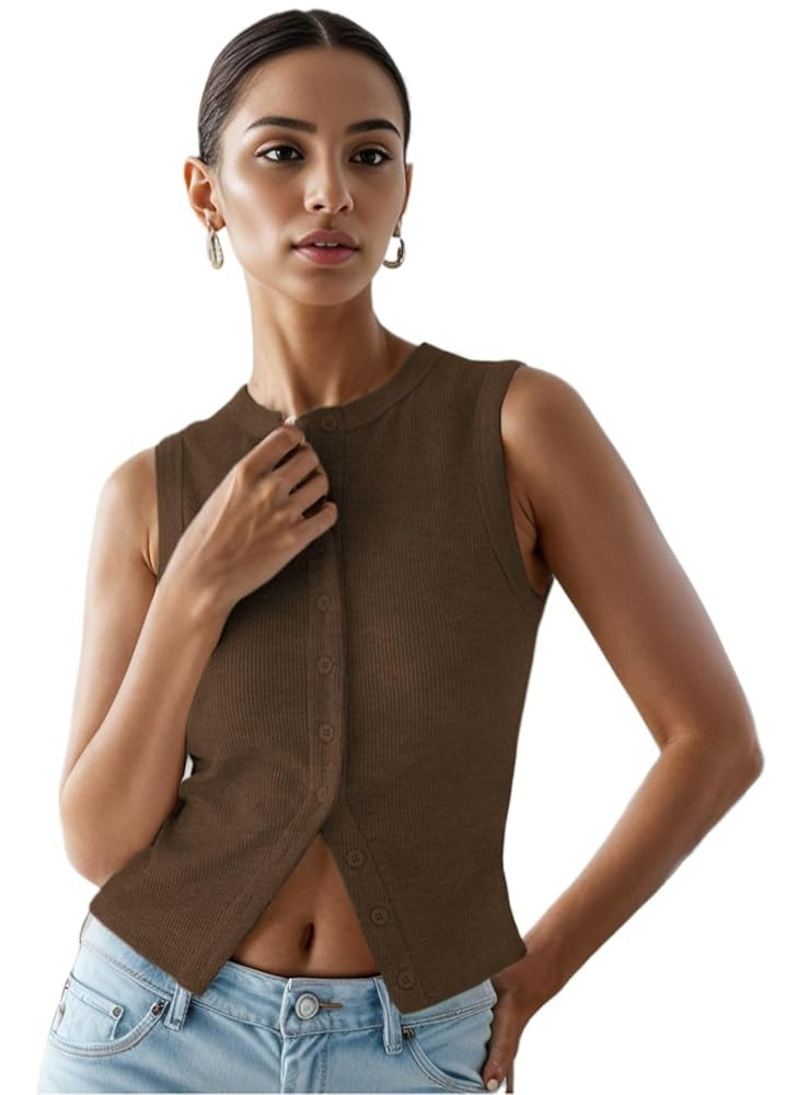 Women’s Button Down Tank Tops Ribbed Summer Vest Button Up Open Front Sleeveless Slim Fit Crop ... | Amazon (US)