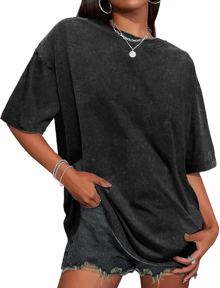 Oversized Tshirts for Women Short Sleeve Crew Neck Vintage Washed Basic Loose Casual Tees | Amazon (US)
