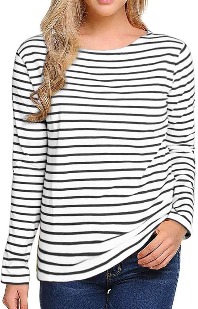 LilyCoco Womens Striped Long Sleeve Shirt Boat Neck Tops Nautical Loose Fit Tshirt | Amazon (US)