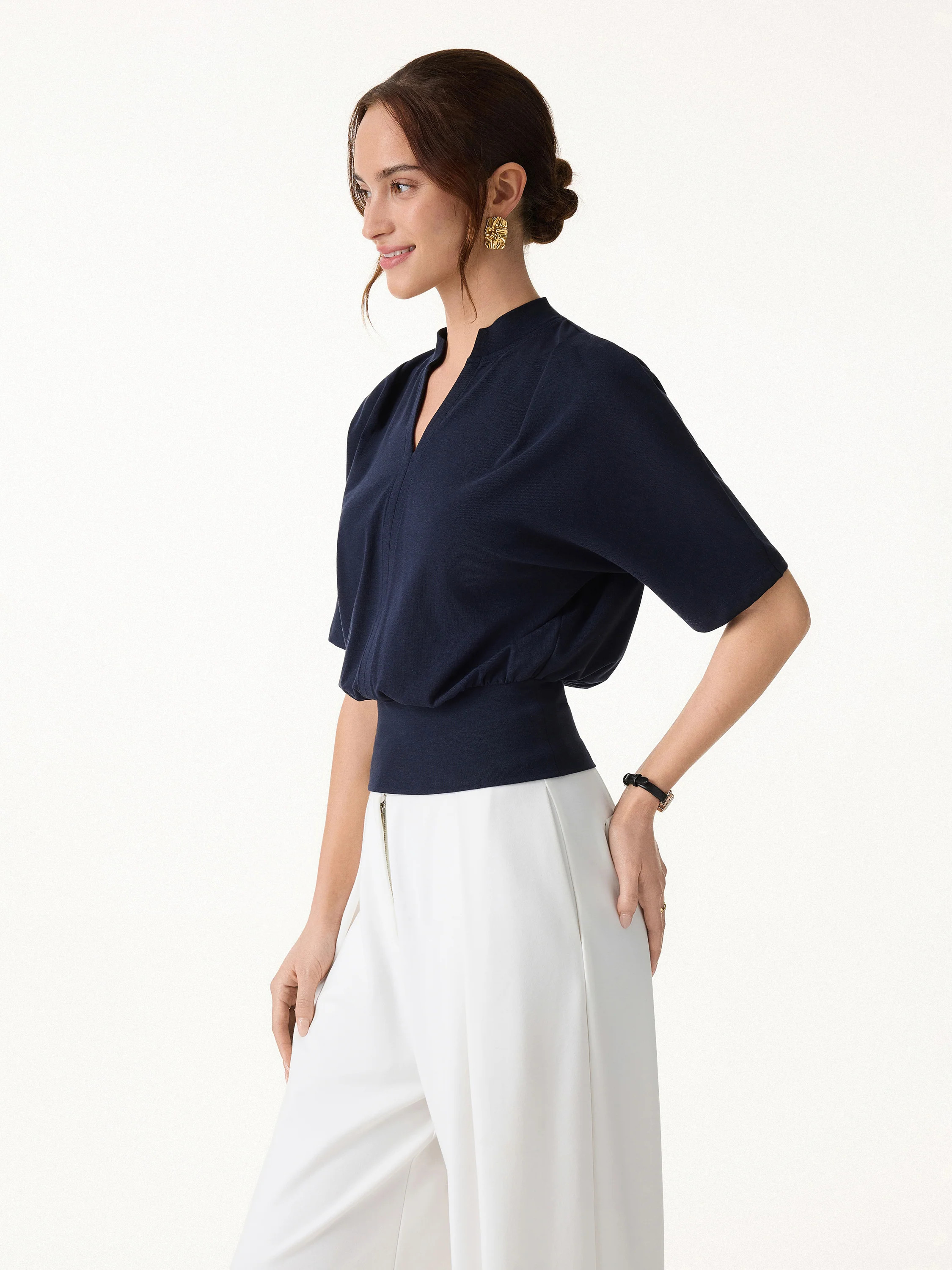Stand Collar V-Neck Short Sleeve Top | OGLmove