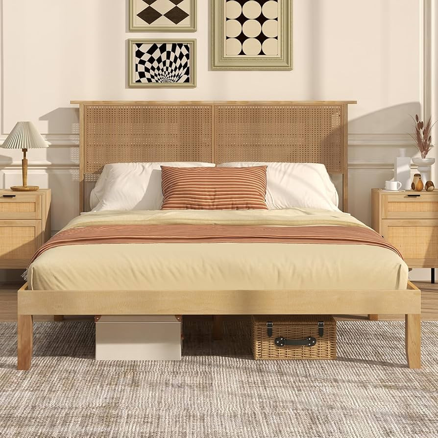 Giantex Queen Size Rattan Bed Frame with Rattan Headboard, Boho Solid Wood Platform Bed with Wood... | Amazon (US)