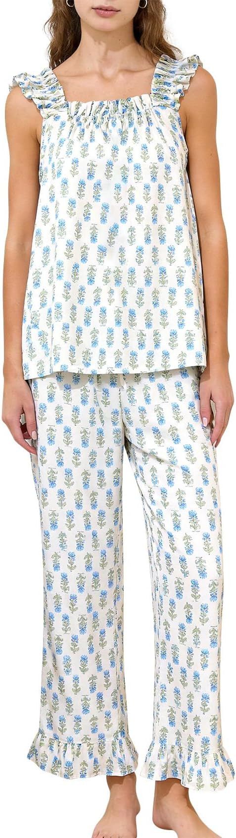 Kissonic Womens Ruffle Pajamas Set 2 Piece Cotton Sleeveless Tank Top and Long Pants Floral Pjs S... | Amazon (US)