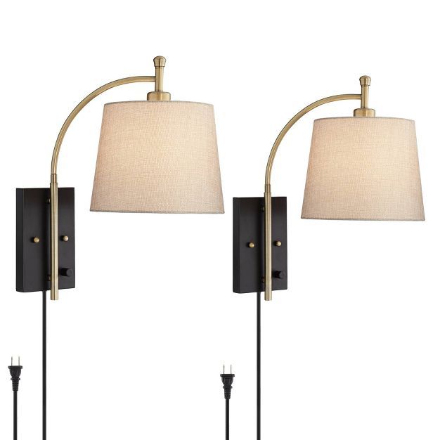 360 Lighting Modern Swing Arm Wall Lamps Set of 2 Brass Black Metal Plug-In Light Fixture Tan Dru... | Target