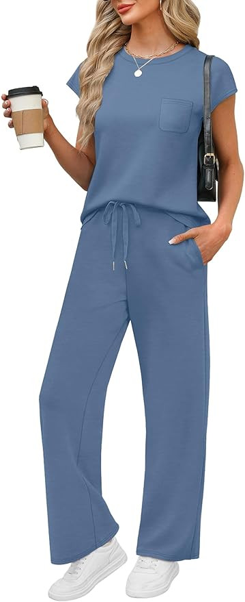 WIHOLL 2 Piece Sets for Women Casual Summer Lounge Set Cap Sleeve Tracksuit | Amazon (US)