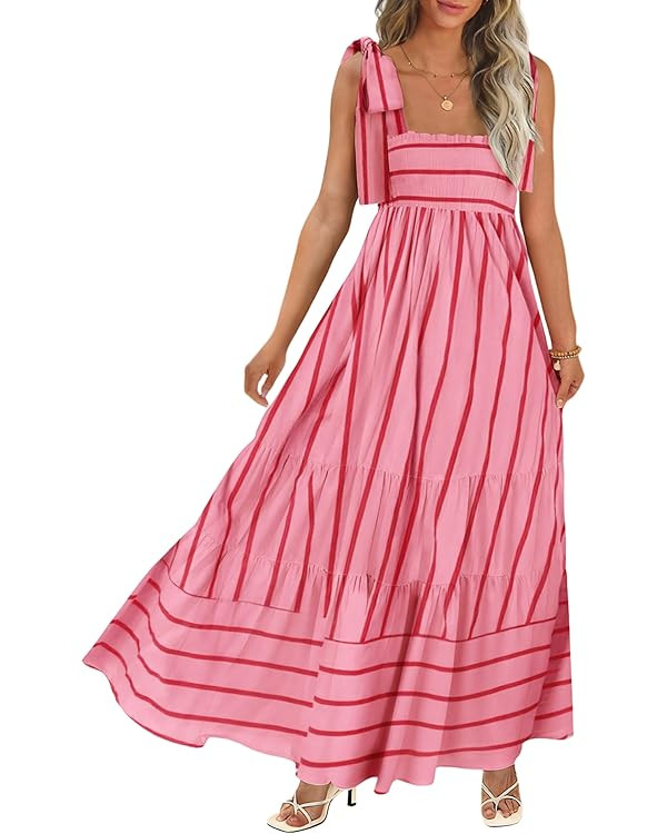 CURBODO Women's Summer Maxi Dress Boho Spaghetti Straps Casual Long A-line Smocked Beach Dress Sq... | Amazon (US)