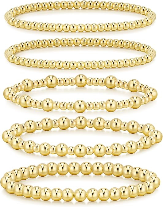 adoyi Gold Bracelets for Women Waterproof, 14K Gold Plated Beaded Strand Bead Ball Bracelets stac... | Amazon (US)