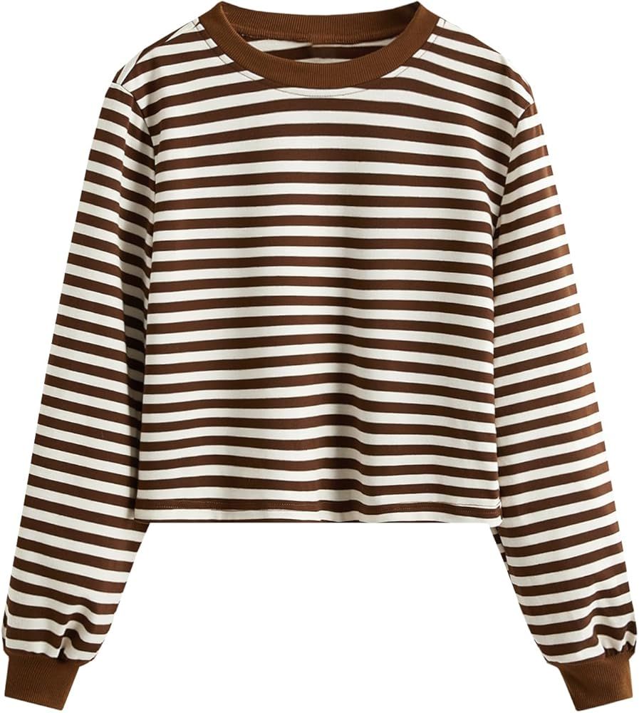 SweatyRocks Women's Casual Long Sleeve Striped Cropped T-Shirt Casual Crop Tee Top | Amazon (US)