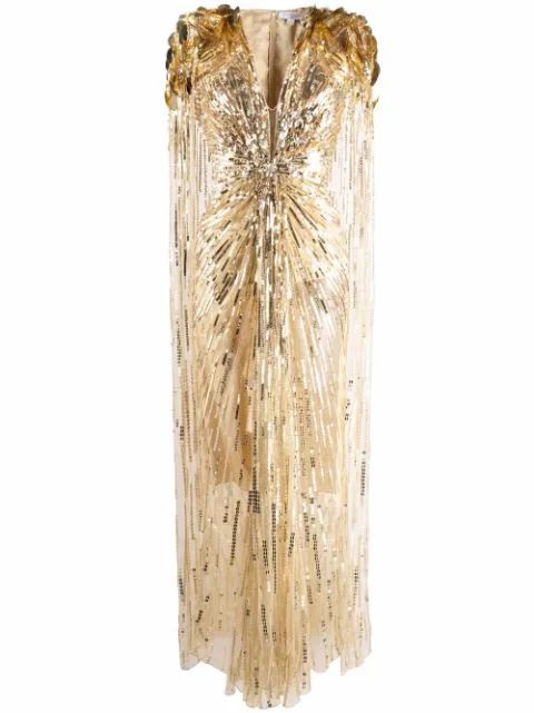 Jenny Packham Goldfinger Sequinned Cape Dress - Farfetch | Farfetch Global