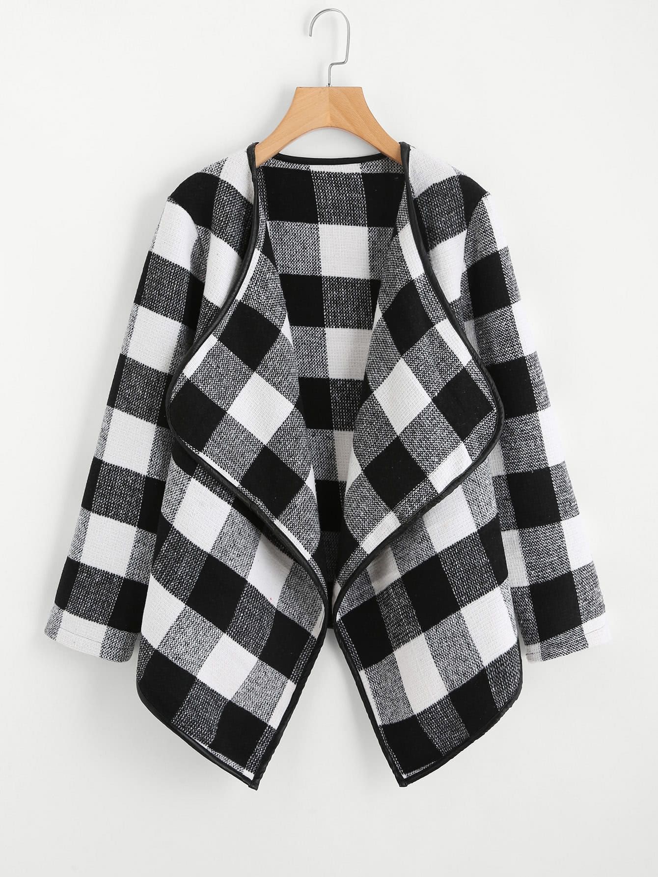 Gingham Plaid Waterfall Neck Coat | SHEIN