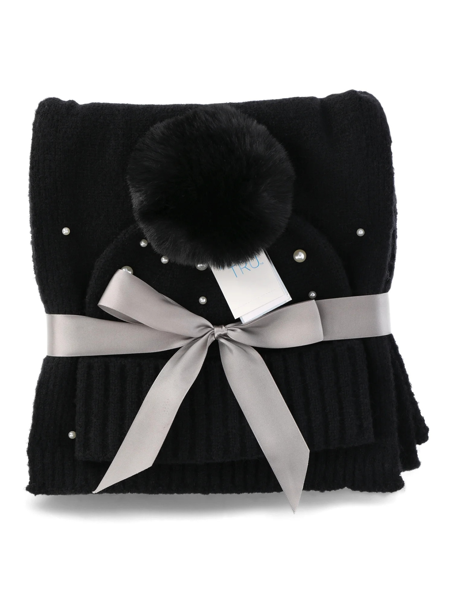 Time and Tru Women's Faux Pearl Accent Beanie and Winter Scarf 2-Piece Gift Set, Black | Walmart (US)