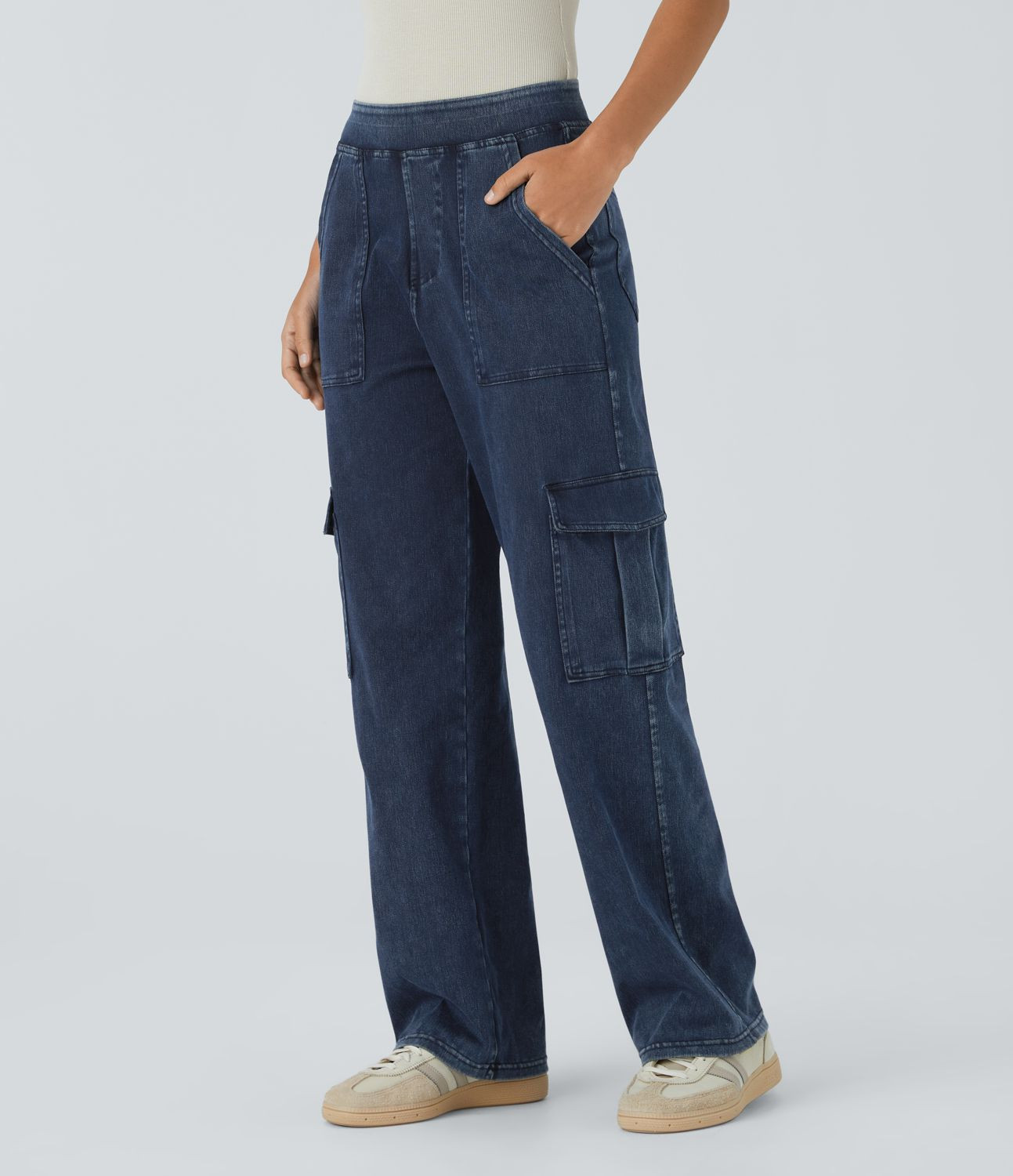 Women’s Halara Flex™ Mid Rise Multiple Pockets Straight Leg Stretchy Knit Casual Cargo Jeans ... | HALARA