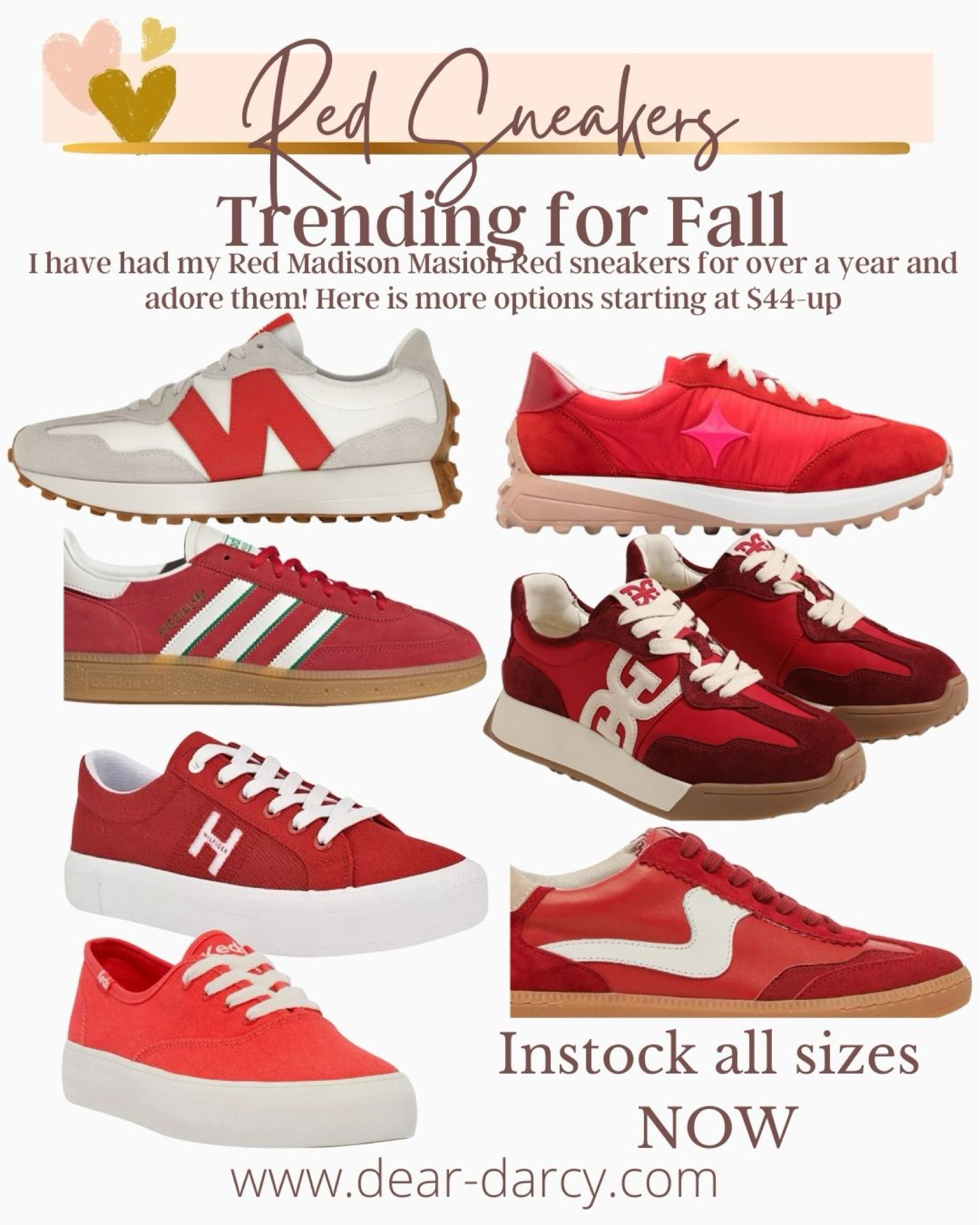 Red sneakers are trending for Fall
(Well I think for 2024-25) I got my red Madison masion last spring and I adore them!

Most compliments ever on a pair of shoes.. go with everything and so comfortable! Hand sewn in Italy. A splurge but so worth it.

New balance is always a favorite of mine 327 is a style I own in several colors $99-115

Addis is trending and affordable 
Dolce vida is stylish and also affordable

Tommy Hilfiger $65 
Keds a All time classic $45
Sam Edelman  
 

#LTKShoeCrush #LTKFindsUnder100 #LTKActive