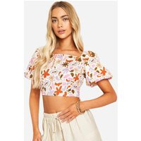 boohoo Women's Puff Sleeve Printed Crop Top in Cream | Size: 10 | Cotton | boohoo (US & Canada)