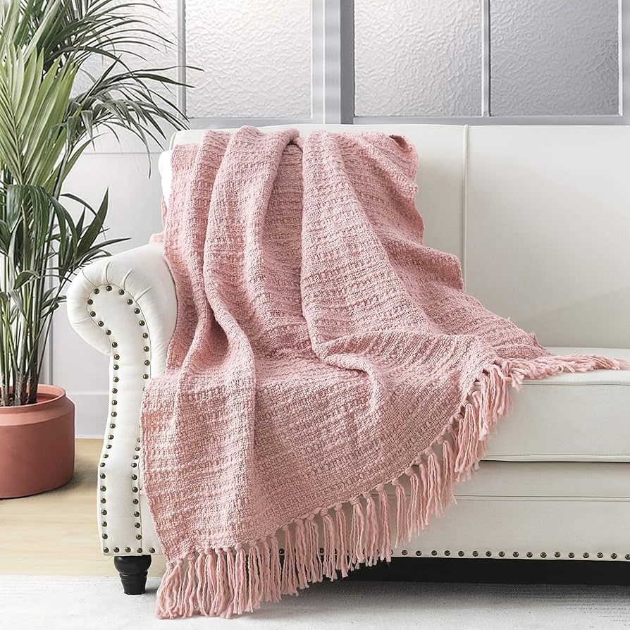Chunky Knit Throw Blanket, Pink Soft Warm Cozy Bed Throw Blanket with Tassels, Boho Style Texture... | Amazon (US)