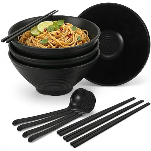Ramen Bowl Set of 4 Large 12 pieces Japanese Korean Style Noodle Melamine Soup Bowls 37 oz Set Spoons And Chopsticks for Ramen Pho Udon Soba Noodles Asian Dishes for Adults Dishwasher Safe (8.7in) | Amazon (US)