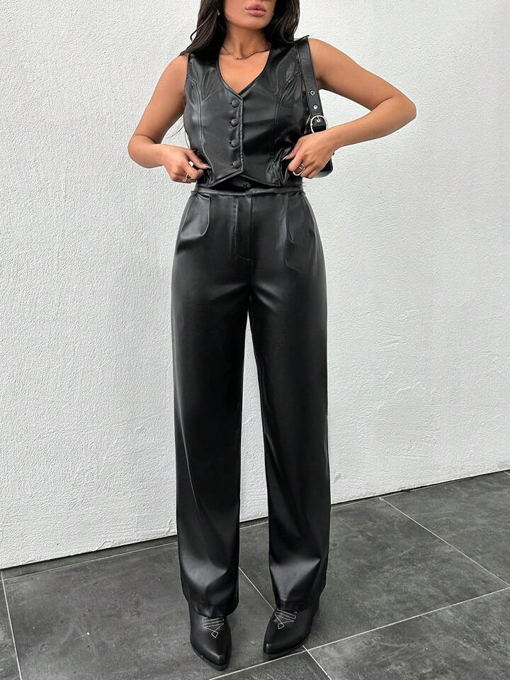 SHEIN Pu Leather Buttoned Up Vest Jacket And Long Pants Two Piece Set | SHEIN