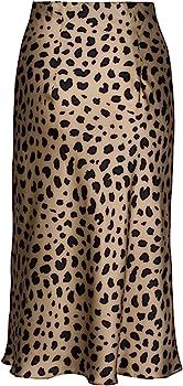 Amazon.com: Modegal Women's Satin High Waisted Ruffle Leopard Slip Silk Casual A Line Midi Skirt ... | Amazon (US)