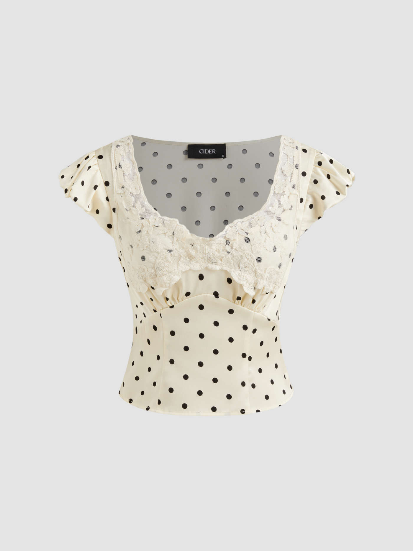 Scoop Neckline Polka Dot Lace Short Sleeve Top | Cider