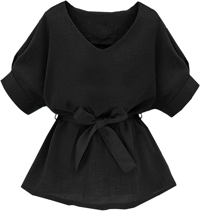Milumia Women's Casual V Neckline Self Tie Short Sleeve Work Blouse Tunic Tops | Amazon (US)