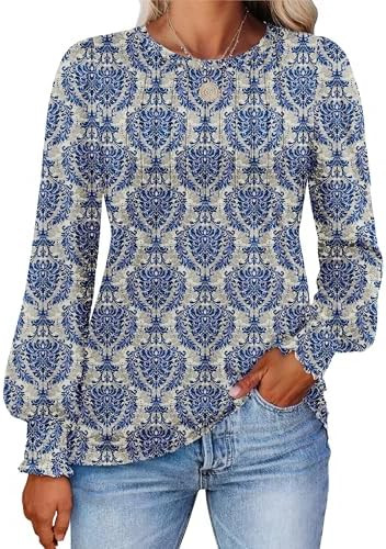 Prinbara Long Sleeve Shirts for Women 2025 Fall Tops Floral Print Pleated Dressy Casual Blouses | Amazon (US)