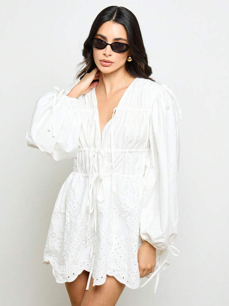AiiRZ Bohemian Broderie Anglaise Mini Dress Balloon Sleeve Empire Waist Beach Cover Up Vacation Summer Spring Lightweight Drawstring | SHEIN