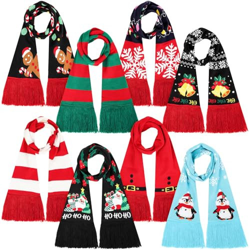 Coume 8 Pcs Christmas Knitted Scarf with Tassels Unisex Xmas Winter Neck Warmer Scarf Red Long Scarves for Men Women Holiday Gift | Amazon (US)