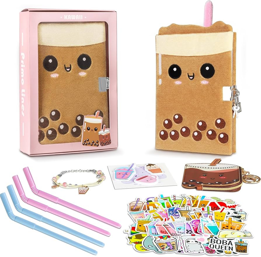 Gift Kit for Girls, Diary with Lock and Key, Boba Tea Plush Journal for Teen Girls, Kawaii Birthd... | Amazon (US)