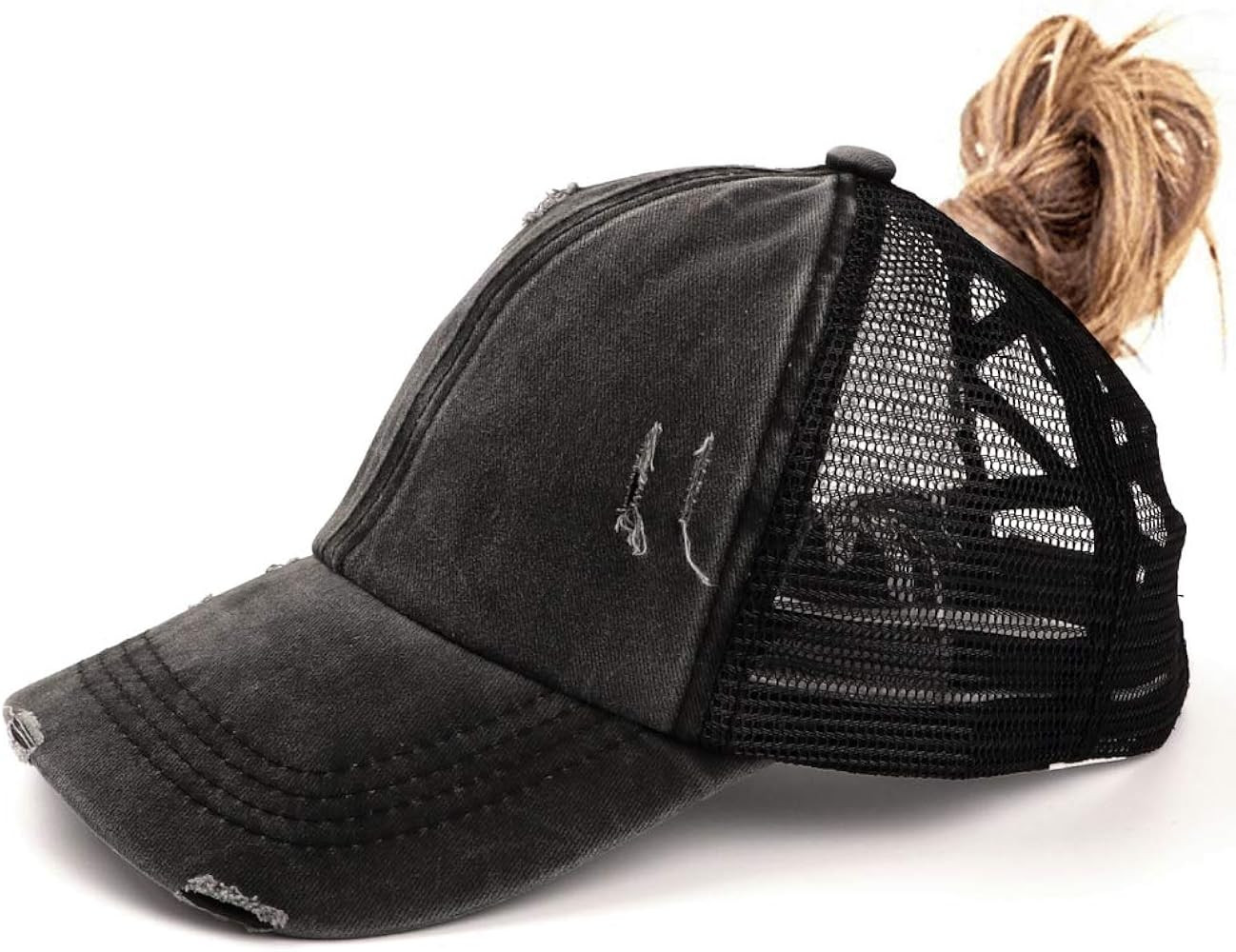 Womens Criss Cross Ponycap Distressed Messy High Bun Ponytail Baseball Cap Vintage Unconstructed ... | Amazon (US)