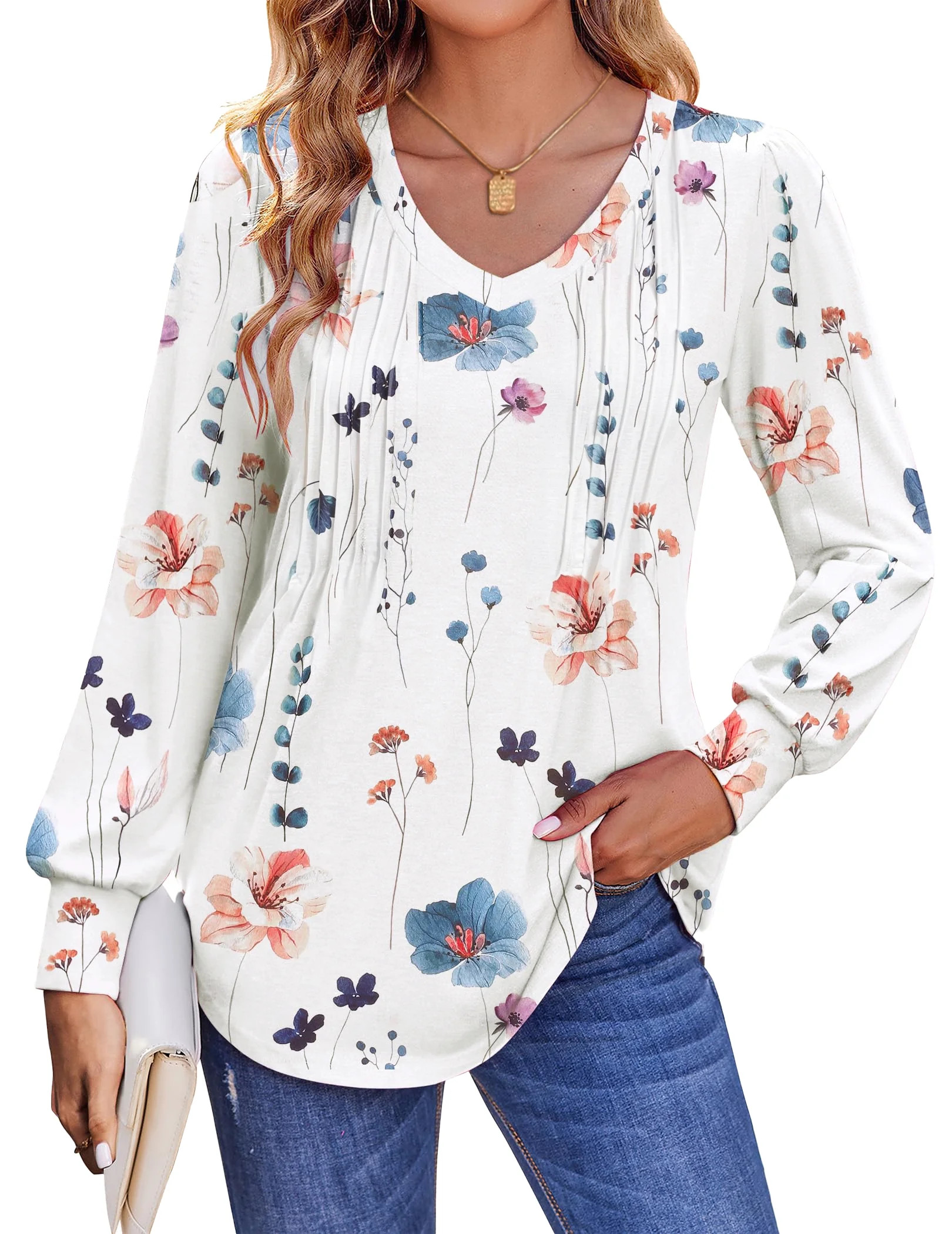 Fantaslook Long Sleeve Shirts for Women Fall Tops Dressy Casual Blouses Pleated V Neck Tunic Tops | Walmart (US)