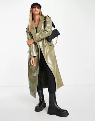 River Island vinyl coat in khaki | ASOS (Global)