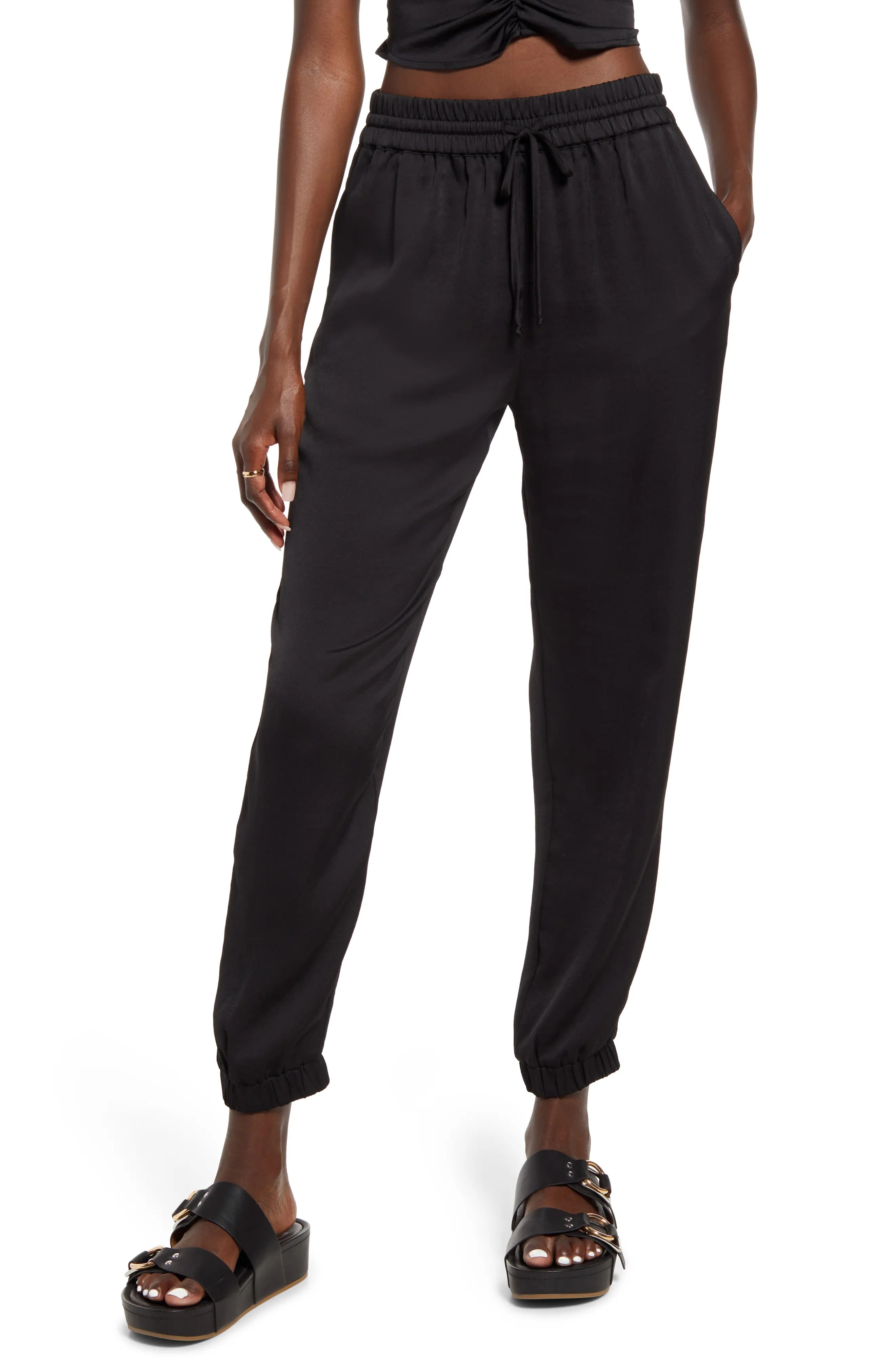 Open Edit Satin Joggers in Black at Nordstrom, Size Large | Nordstrom